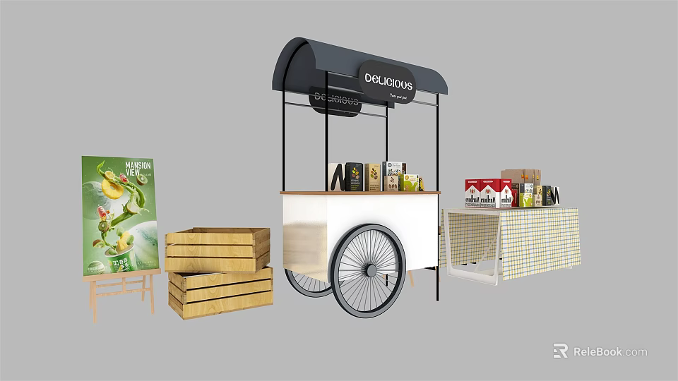 Stylish Functional Mobile Food Cart Featuring DeliBites Canopy Drinks Snacks Wooden Crates and Easel Poster 3d model 