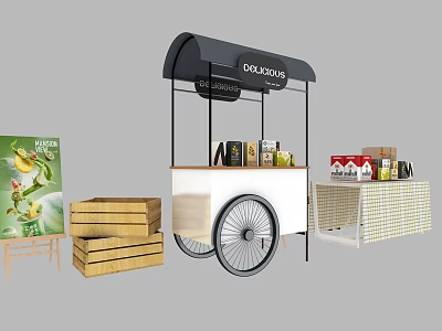 Stylish Functional Mobile Food Cart Featuring DeliBites Canopy Drinks Snacks Wooden Crates and Easel Poster 3d model
