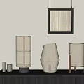 Elegant Table Lamps With Fabric Shades Wooden Bases On Dark Cabinet Against Grey Wall