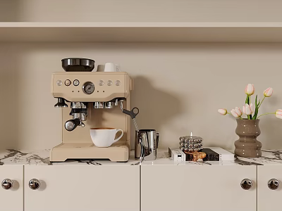 Beige Coffee Machine As Kitchen Appliance On Marble Countertop With White Cabinets And Tulip Vase 3d model