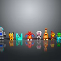 Colorful Pixel Art Characters And Creatures Standing On Reflective Surface 3d model