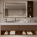 Modern Bathroom Vanity Cabinet With Lighted Mirror Sink Drawers And Towels On Open Shelves