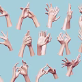 Woman's Hands Displaying Diverse Gestures Against Light Blue Background