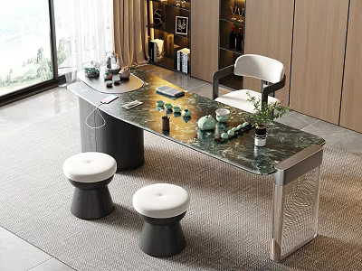 Modern Tea Table and Chairs with Marble Top Window View and Decorative Items 3d model