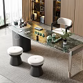 Modern Tea Table and Chairs with Marble Top Window View and Decorative Items