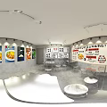 Modern Industrial Restaurant Interior with Metal Tables Stools Menu Boards and Food Images on Walls