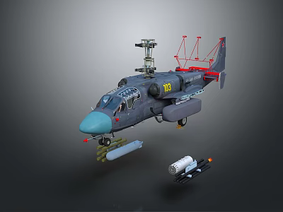 Dark Gray Military Helicopter With Light Blue Nose Radar Equipment And Attached Missiles 3d model