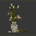 Beautiful White Lilies Arranged in White Vase on Transparent Coaster with Dark Background