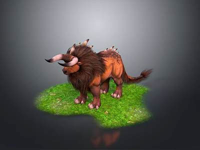 Brown Mythical Horned Beast With Mane And Back Spikes On Green Grass 3d model
