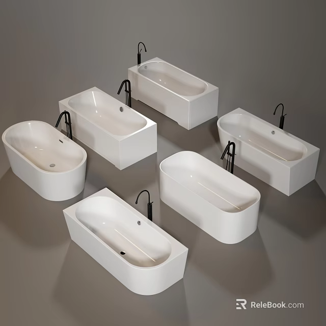 Multiple Modern White Bathtubs with Black Faucets in Various Styles 3d model