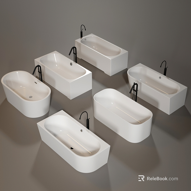 Multiple Modern White Bathtubs with Black Faucets in Various Styles 3d model 