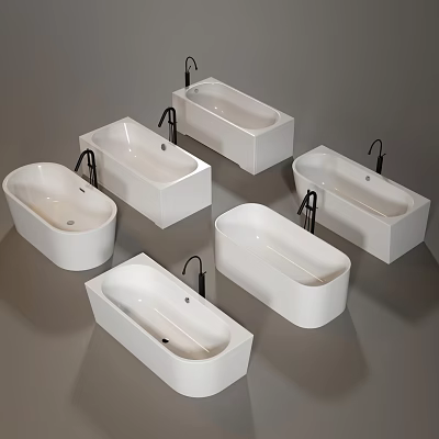 Multiple Modern White Bathtubs with Black Faucets in Various Styles 3d model