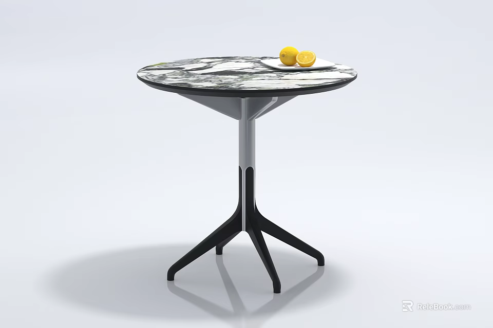 Round Marble Texture Coffee Table With Two Yellow Lemons Black Three Legged Modern Minimalist Design 3d model 