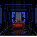 Modern Parking Garage Featuring Red Sports Car Blue Neon Frames And Black Marble Floor
