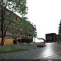 Beautiful Campus Landscape With Red Brick Buildings Trees Curved Pathway Lawns And Artistic Sculptures