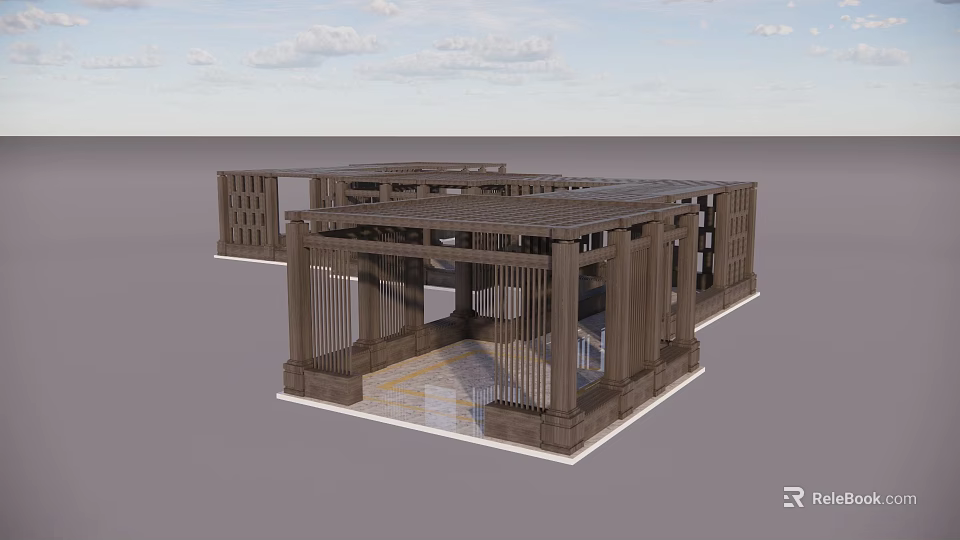 Wooden Outdoor Pavilion Structure With Open Lattice Sides And Flat Roof 3d model 