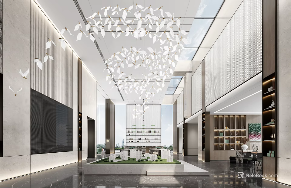 Modern Sales Office Interior With Decorative Chandelier And Sand Table Model 3d model 
