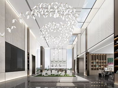 Modern Sales Office Interior With Decorative Chandelier And Sand Table Model 3d model