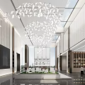 Modern Sales Office Interior With Decorative Chandelier And Sand Table Model