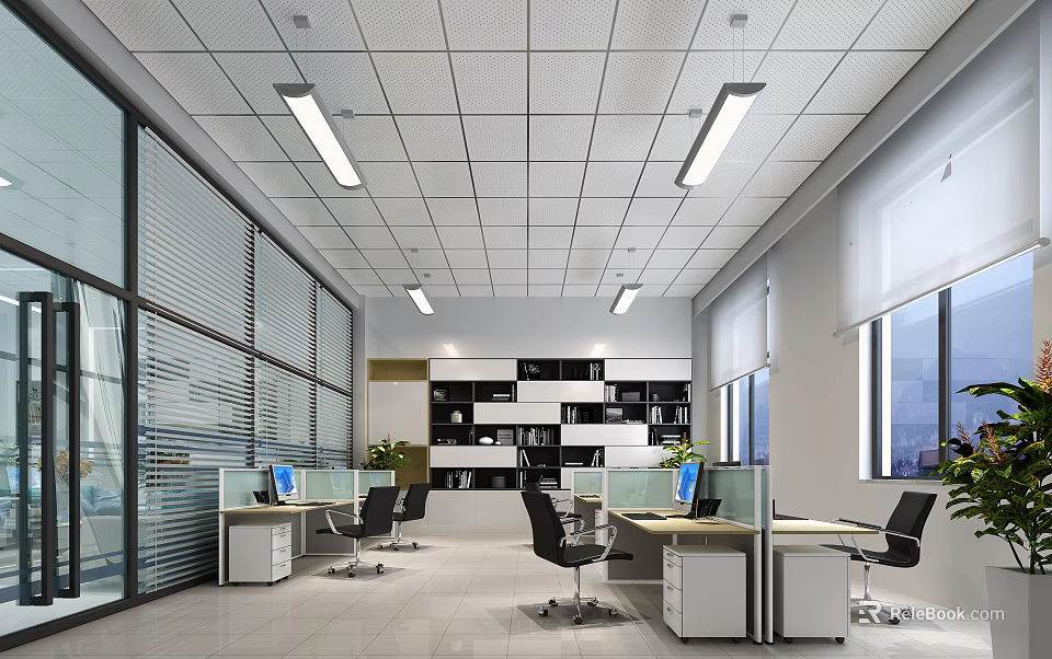 Modern Public Office Space With Open Cubicles Desks Computers Shelves And Natural Lighting 3d model 