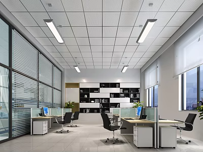 Modern Public Office Space With Open Cubicles Desks Computers Shelves And Natural Lighting 3d model