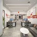 Modern Office Interior With Desks Computers Chairs And Red Wall Art 3d model