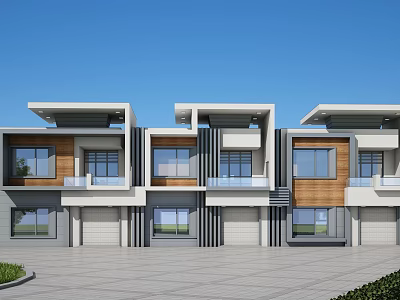 Modern Townhouse Exterior Design With Large Windows Balconies And Garage Doors 3d model