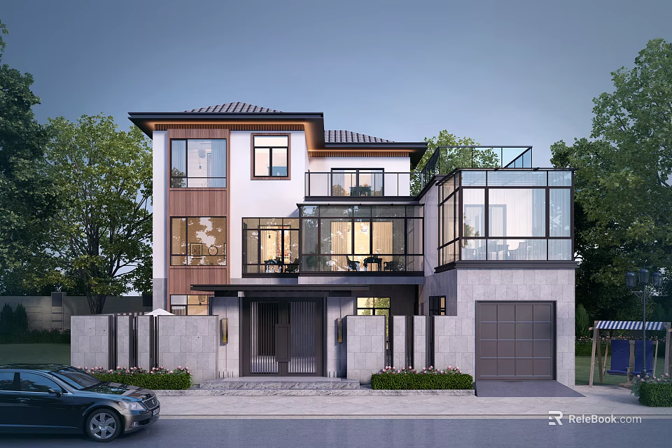 Modern Two Story Detached Villa With Wood Stone Exterior Large Glass Windows And Garage 3d model 