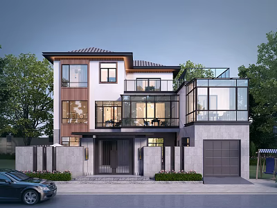 Modern Two Story Detached Villa With Wood Stone Exterior Large Glass Windows And Garage 3d model