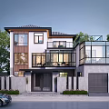 Modern Two Story Detached Villa With Wood Stone Exterior Large Glass Windows And Garage
