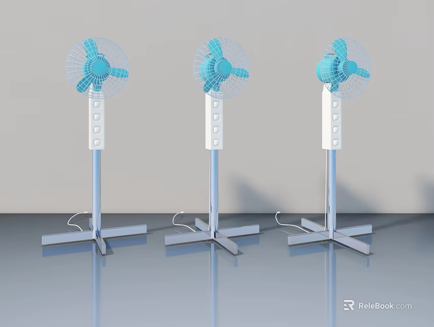 Three Blue Standing Fans With Adjustable Controls And Stable Metal Bases 3d model 