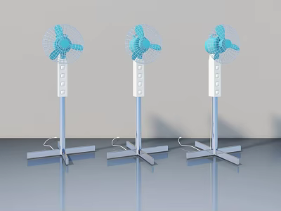 Three Blue Standing Fans With Adjustable Controls And Stable Metal Bases 3d model