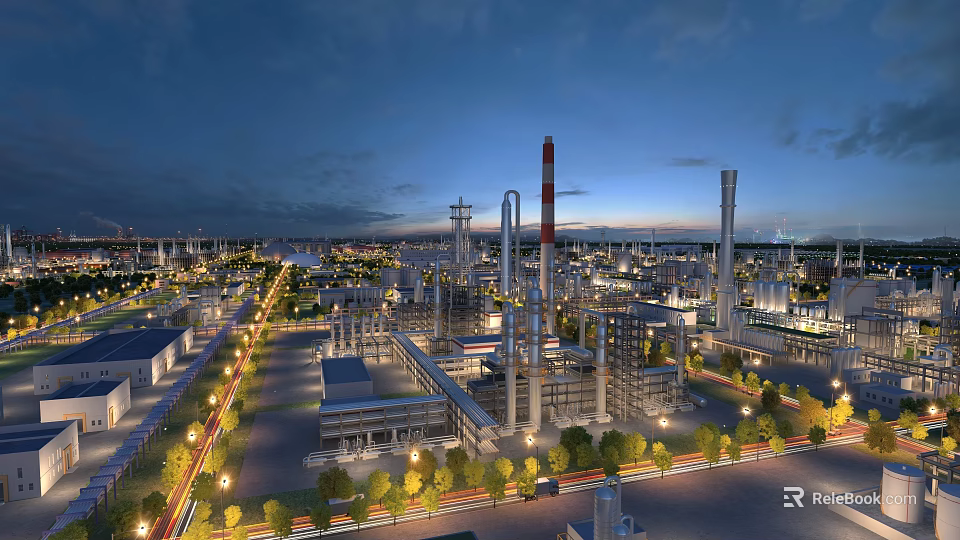 Modern Industrial Refinery Complex With Night Lights Tall Towers And Pipes 3d model 