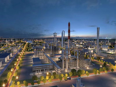 Modern Industrial Refinery Complex With Night Lights Tall Towers And Pipes 3d model