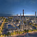Modern Industrial Refinery Complex With Night Lights Tall Towers And Pipes