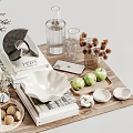 Decorative Ornament Set With Ceramic Bowls White Vases Stacked Books And Green Apples