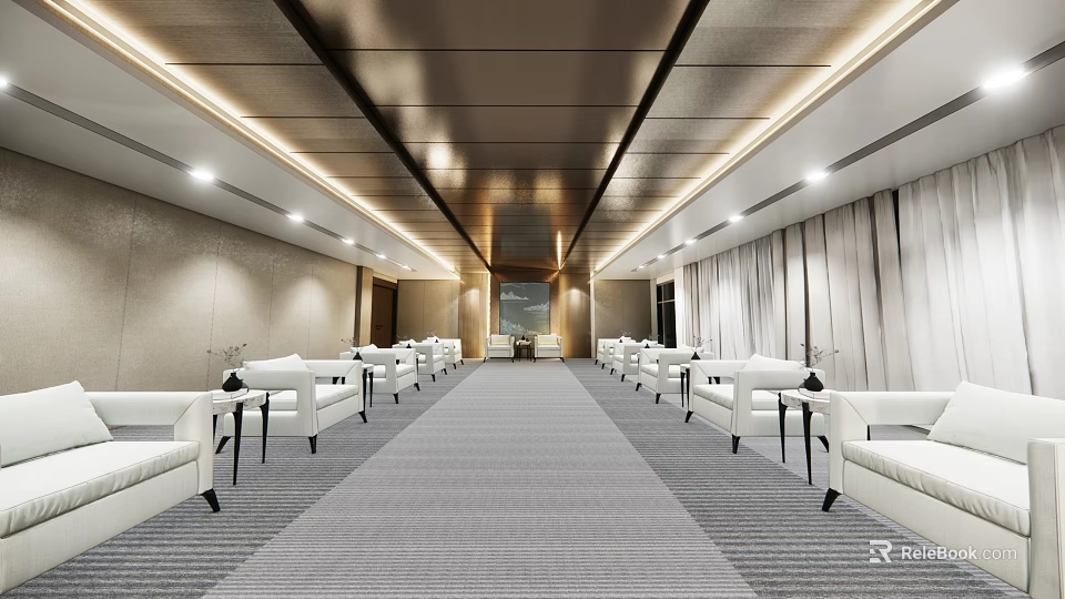Modern Hotel Public Lounge Interior With Comfortable White Seating And Spacious Carpeted Layout 3d model 