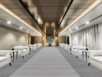 Modern Hotel Public Lounge Interior With Comfortable White Seating And Spacious Carpeted Layout 3d model