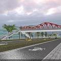 Modern Red Steel Bridge Over Road With Cars Bicycle Lane Trees And Buildings