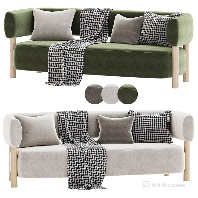 Comfortable Velvet Multi Seater Sofa with Pillows Plaid Blanket Green Light Gray Three Color Options 3d model 
