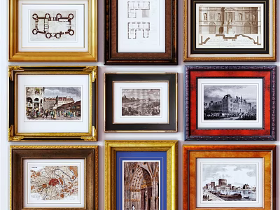Assorted Picture Frames In Gold Brown Blue Red With Architectural Prints And Artwork 3d model