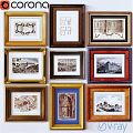 Assorted Picture Frames In Gold Brown Blue Red With Architectural Prints And Artwork