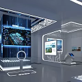 Modern Technology Exhibition Hall With Interactive Display Screens Smart Kiosk And Cityscape Projection