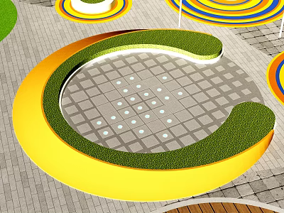Vibrant Yellow Circular Landscape Sculpture With Green Grass Gray Grid Floor And Colorful Decorations 3d model