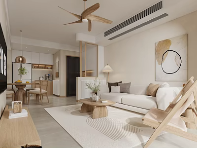 Modern Living Dining Room Interior With Sofa Dining Table Ceiling Fan And Wall Art 3d model
