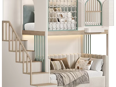 Modern Bunk Bed Design With Wooden Stairs Upper Railing And Soft Lower Bedding 3d model