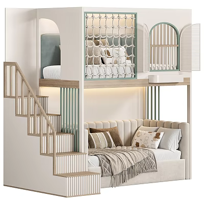 Modern Bunk Bed Design With Wooden Stairs Upper Railing And Soft Lower Bedding 3d model