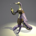 3D Anthropomorphic Lizard Creature Wearing Brown Outfit Holding Microphone Like Object With Purple Yellow Patterns
