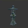 Traditional Japanese Stone Lantern Covered In Green Moss With Classic Structure