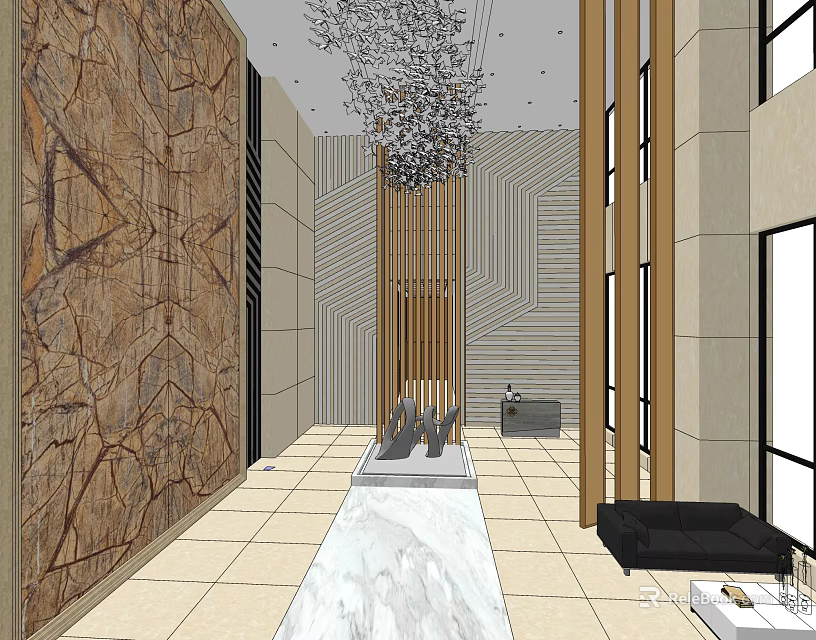 Elegant Modern Reception Area Design With Marble Wall Chandelier And Sofa Seating Decor 3d model 